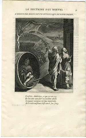 Antique Print-LOVE OF RICHES IS ENDLESS PAIN-BARREL-POOR MAN-STORM-DESTRUCTION-Vaenius-Daret-1646