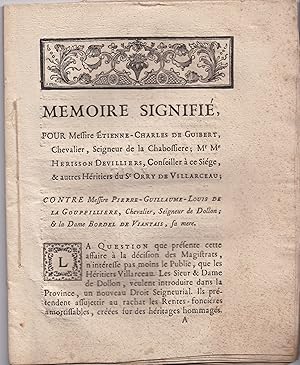 Seller image for Mmoire signifi pour messire Etienne Charles de Guibert, chevalier, seigneur de la Chabossire; Mr Me Herisson Devilliers, for sale by Librairie Trois Plumes