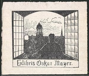 Bild des Verkufers fr Exlibris Oskar Mayer, Person auf der Fensterbank schaut raus zum Verkauf von Bartko-Reher