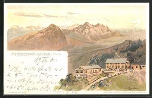 Künstler-Ansichtskarte Edward Harrison Compton: Herzogstand-Häuser, Bergkette