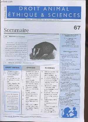 Image du vendeur pour Droit animal thique & sciences n67- Octobre 2010-Sommaire: Protger les biotopes - Les droits de l'homme et de l'animal seront-ils un frein  la progression de la consommation de viande?- L'oeuf et la poule- Niche de chasse, chasse aux niches, pnalisa mis en vente par Le-Livre