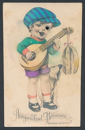 Bild des Verkufers fr Glasaugen-Ansichtskarte Ausgerechnet Bananen, Kleiner Gitarrist mit Glasauge und Hund zum Verkauf von Bartko-Reher