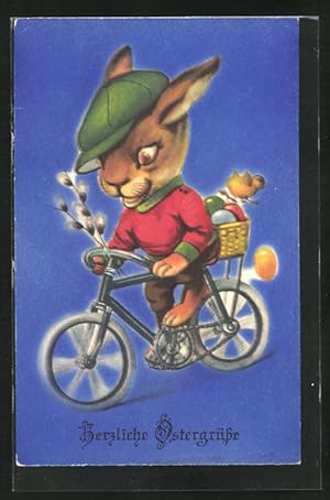 Ansichtskarte Osterhase fährt mit Osterküken Fahrrad, Ostergruss