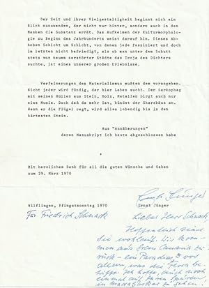 Seller image for Schriftsteller (1895-1998). Typoskript aus "Annäherungen. Drogen und Rausch" (19 Zeilen) mit eigenh. Widmung u. U. (10 weitere handschriftl. Zeilen) an Friedrich Schnack. for sale by Antiquariat Richard Husslein