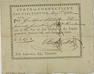 Image du vendeur pour REVOLUTIONARY WAR ERA PAY WARRANT, a partly printed document, completed in manuscript 1 May 1783 and signed by Wolcott as a member of the commission overseeing the state's Pay-Table Office mis en vente par Bartleby's Books, ABAA