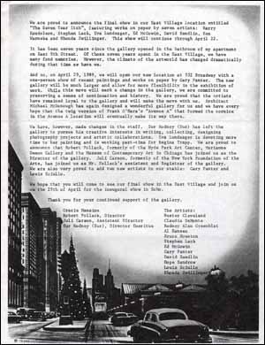 Bild des Verkufers fr Press Release for the Opening of "The Seven Year Itch" at Gracie Mansion Gallery in the East Village / Announcement of their Move to 532 Broadway zum Verkauf von Specific Object / David Platzker