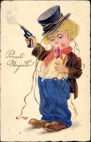 Seller image for Ansichtskarte / Postkarte Glckwunsch Neujahr, Mann mit Pistole und Sektglas, Luftschlangen for sale by akpool GmbH