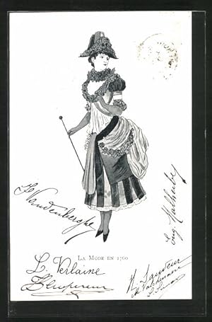 Seller image for Ansichtskarte Schne Dame mit Dreispitz und Schirm in gerschtem Kleid um 1760, Mode for sale by Bartko-Reher