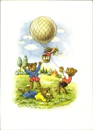 Künstler Ansichtskarte / Postkarte Teddybären mit einem Heißluftballon