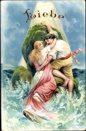 Ansichtskarte / Postkarte Allegorie, Liebe, Mann und Frau retten sich auf einen Felsen, Schiffbruch
