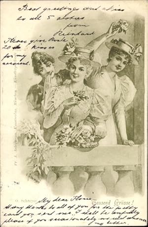 Bild des Verkufers fr Knstler Ansichtskarte / Postkarte Schreyer, O., Tausend Gre, drei junge Frauen auf einem Balkon zum Verkauf von akpool GmbH