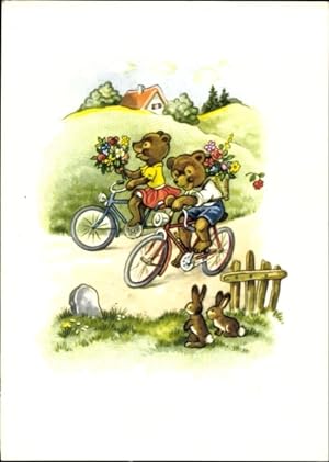 Künstler Ansichtskarte / Postkarte Teddybären auf Fahrrädern