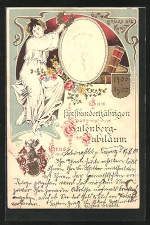 Ansichtskarte 500 Jahre Gutenberg-Jubiläum, Buchdruck, Portrait Johannes Gutenberg