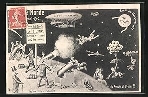 Ansichtskarte Fin du Monde 1910, Menschen werden mit Kanone ins All geschossen, Zukunft, Zeppelin