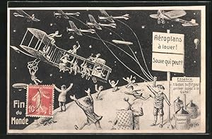 Ansichtskarte Fin du Monde 1910, Menschen auf Planet fliegen mit Flugzeugen davon, Zukunft