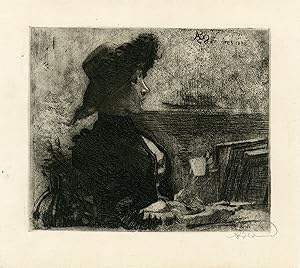 "LA TASSE DE THÉ" Eau-forte originale entoilée de Albert BESNARD signée de sa main au crayon en 1883