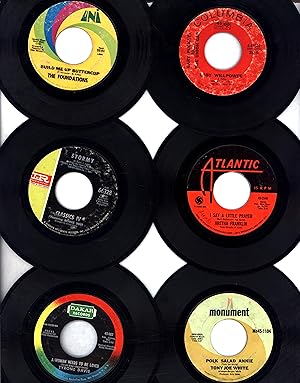 Imagen del vendedor de Six classic 45 rpm "single" records from the year 1968 including The Foundations' "Build Me Up Buttercup"; Gary Puckett and the Union Gap's "Lady Willpower"; The Classic IV's "Stormy"; Aretha Franklin's "I Say A Little Prayer"; Tyrone Davis' "A Woman Needs To Be Loved / Can I Change My Mind"; and Tony Joe White's "Polk Salad Annie / Aspen Colorado" (45 RPM VINYL POP / RHYTHM & BLUES 'SINGLES') a la venta por Cat's Curiosities