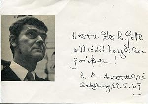 H. C. Artmann autograph | Signed card with affixed magazine picture