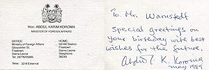Bild des Verkufers fr Abdul Karim Koroma autograph | Signed visiting card zum Verkauf von Markus Brandes Autographs GmbH