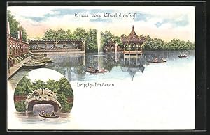 Bild des Verkufers fr Ansichtskarte Leipzig-Lindenau, Charlottenhof mit Bootsteich, Ortspartie mit Boot zum Verkauf von Bartko-Reher