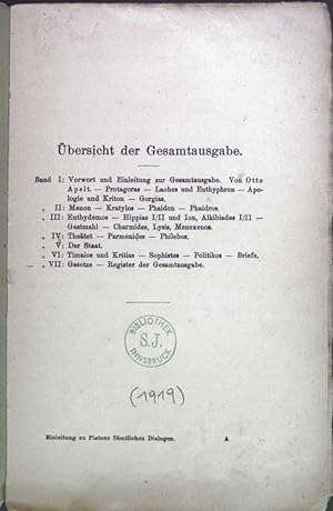 Bild des Verkufers fr Vorwort und Einleitung zu Platons smtl. Dialogen. zum Verkauf von books4less (Versandantiquariat Petra Gros GmbH & Co. KG)