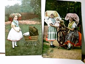 Spreewaldbilder. Set 2 x Alte Ansichtskarte / Postkarte farbig, 1 x Mädel in Tracht mit Puppenwag...