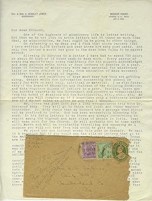 1922 letter from Mission House in Sitapur India to W.A. Tripner in Cumberland, PA