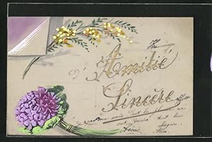 Bild des Verkufers fr Zelluloid-Ansichtskarte Gruss mit violetten Hortensien zum Verkauf von Bartko-Reher