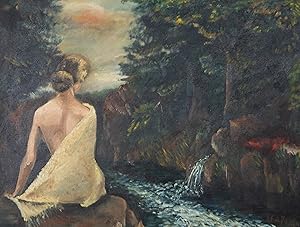 Bild des Verkufers fr June Conning Barker - 1964 Oil, Figure by Water Stream zum Verkauf von Sulis Fine Art