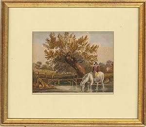 E. Childe - 1880 Watercolour, Naive Equestrian Scene