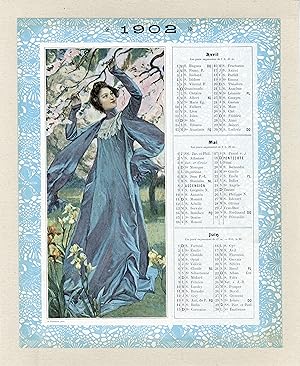 "LE PRINTEMPS" Calendrier original entoilé paru dans LES MODES en 1902 d'après "LES QUATRE SAISON...