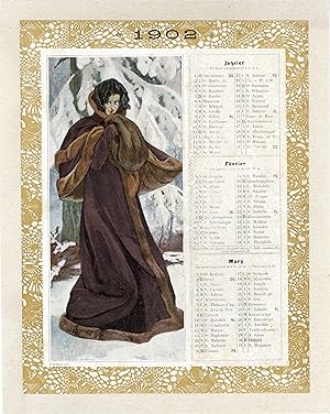 "L'HIVER 1902" Calendrier original entoilé paru dans LES MODES en 1902 d'après "LES QUATRE SAISON...