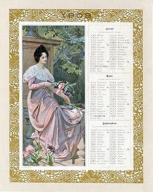 "L'ÉTÉ 1902" Calendrier original entoilé paru dans LES MODES en 1902 d'après "LES QUATRE SAISONS"...