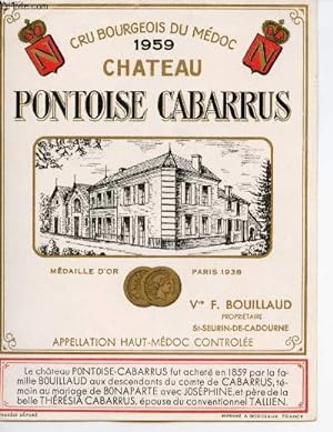 Seller image for ETIQUETTE VIN DE BORDEAUX CHATEAU PONTOISE CABARRUS 1959 MEDOC for sale by Le-Livre