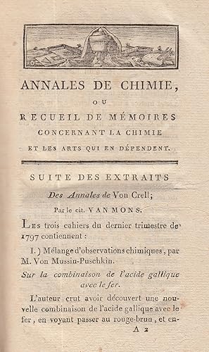 Suite des Extraits Des Annales de Von Crell. A rare original article from the Annales de Chimie, ...