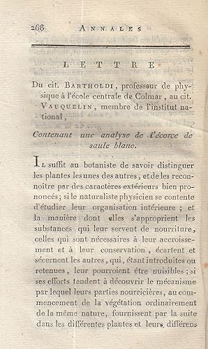 Lettre Contenant une analyse de l'ecorce de saule blanc. A rare original article from the Annales...