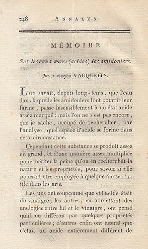 Memoire sur les eaux sures (acides) des amidoniers. A rare original article from the Annales de C...