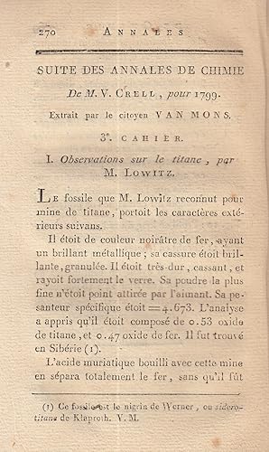 Observations sur le titane; par M. Lowitz. Suite des Annales de Chimie, pour 1799. Extrait par le...