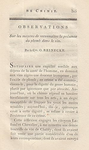 Observations sur les moyens de reconnaitre la presence du plomb dans le vin. A rare original arti...