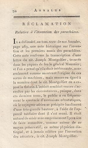 Reclamation relative a l'invention des parachutes. A rare original article from the Annales de Ch...