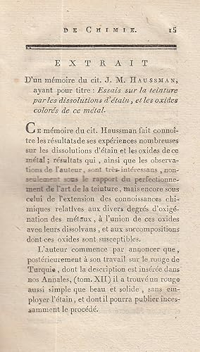 Essais sur la teinture par les dissolutions d'etain, et les oxides colore's de ce metal, J.M. Hau...