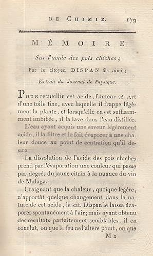 Memoire sur l'acide des pois chiches. A rare original article from the Annales de Chimie, 1798.