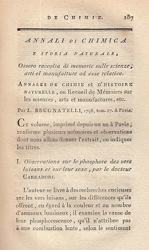 Annali di Chimica e Storia Naturale, ossero raccolta di memorie sulle science, arti el manufattur...