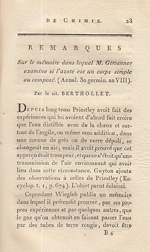 Remarques Sur le memoire dans lequel M. Girtanner examine si l'azote est un corps simple ou compo...