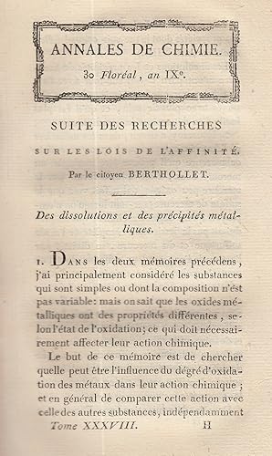 Des dissoltions et des precipites metalliques. A rare original article from the Annales de Chimie...