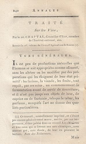 Traite sur les Vins. A rare original article from the Annales de Chimie, 1799.