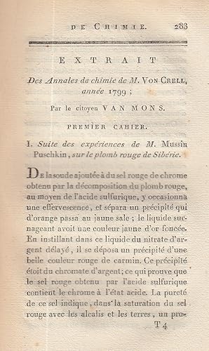 Extrait Des Annales de chimie de M. Von Crell, annee 1799. A rare original article from the Annal...