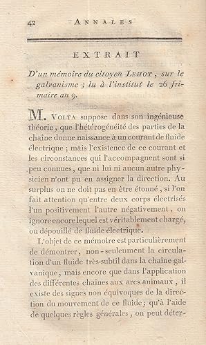 Extrait d'un memoire du citoyen Lehot, sur le galvanisme. A rare original article from the Annale...