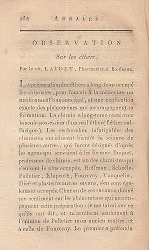 Observation sur les ethers. A rare original article from the Annales de Chimie, 1799.