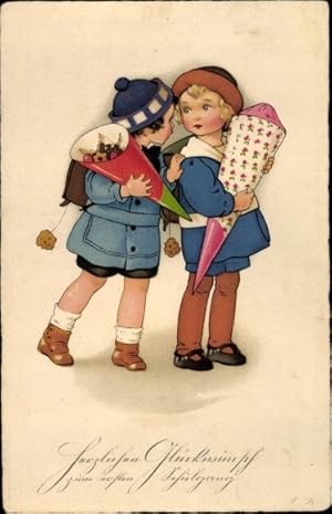 Künstler Ansichtskarte / Postkarte Baumgarten, Fritz, Glückwunsch Einschulung, Kinder mit Zuckert...